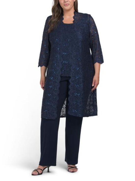 R&M Richards Pants - R&M RICHARDS Plus 3pc Scalloped Lace Duster Tank And Pants Set